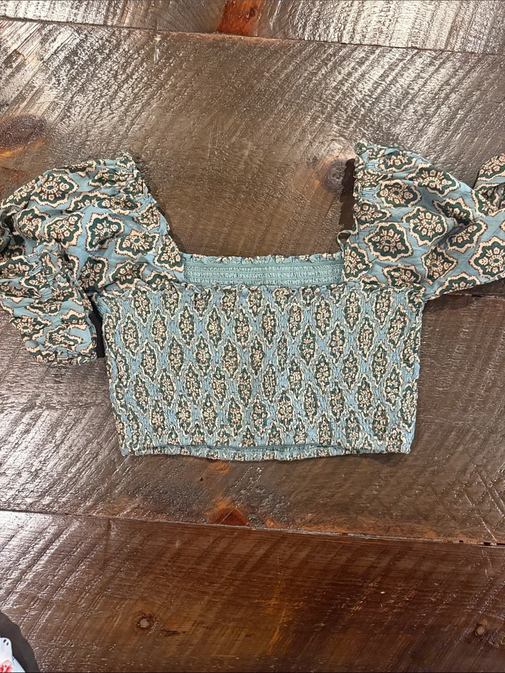 Zara Teal Patterned Smocked Crop Top with Puff Sleeves